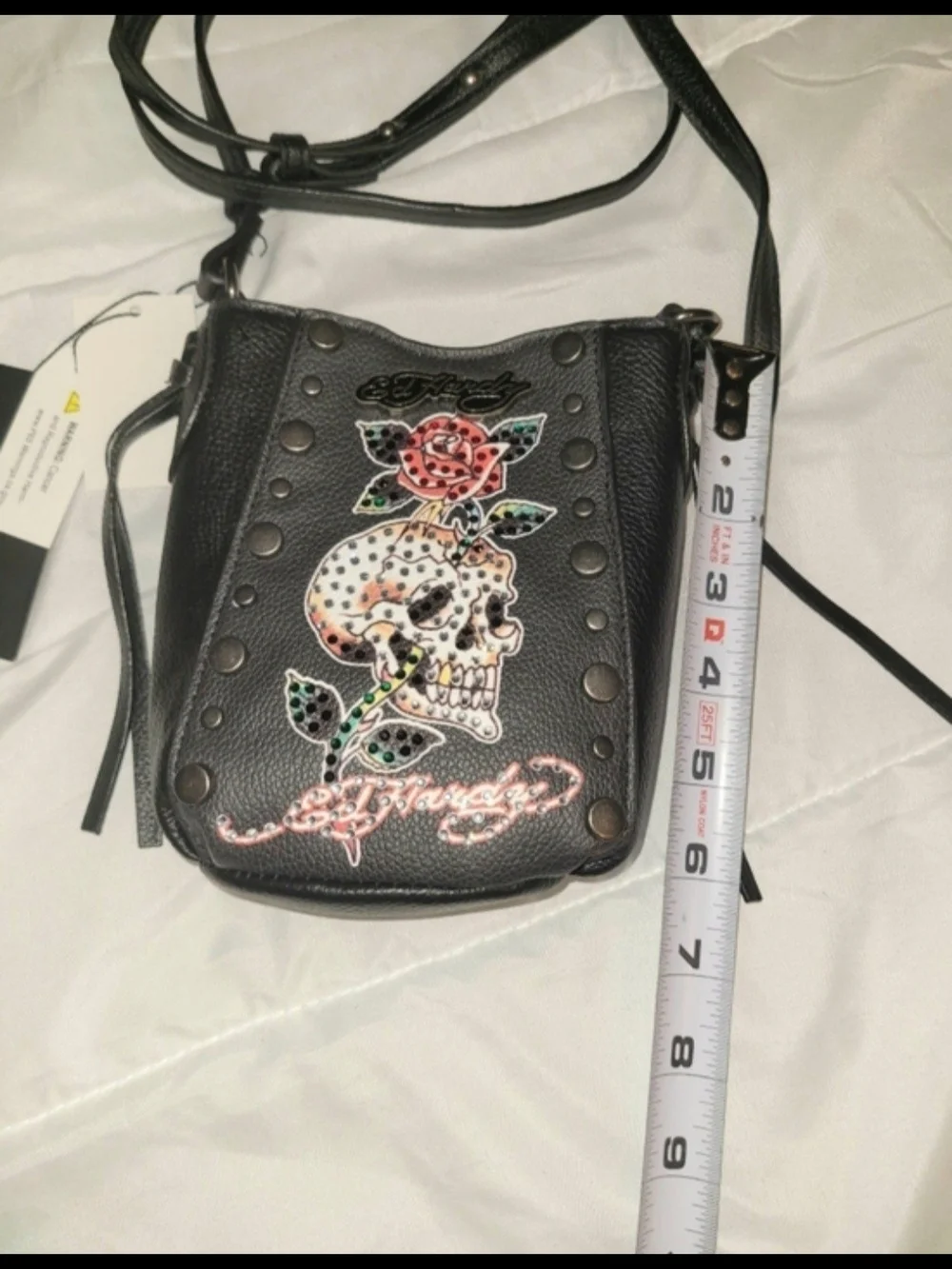 Ed Hardy Black Crossbody Bag with Embroidered Skull & Rose Detail